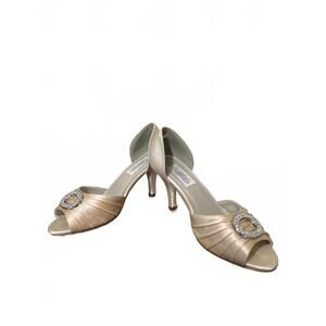 Elegant Satin Open-Toe Heels with Gemstone Buckle - Size 7.5 (SR452)